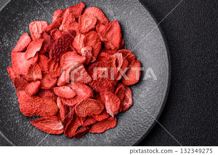 Dried sublimated slices of strawberry as an ingredient for sweet desserts. Dried strawberry Dried sublimated slices of strawberry as an ingredient for sweet desserts. Dried strawberry 132349275