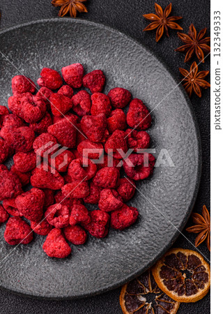 Dried sublimated slices of raspberry as an ingredient for sweet desserts. Dried raspberry Dried sublimated slices of raspberry as an ingredient for sweet desserts. Dried raspberry 132349333