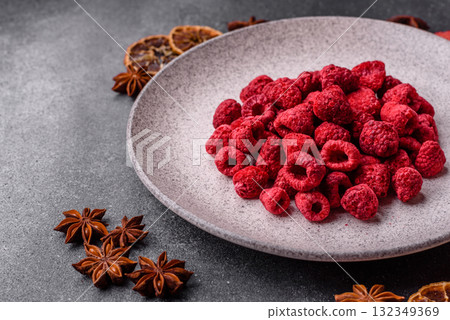 Dried sublimated slices of raspberry as an ingredient for sweet desserts. Dried raspberry Dried sublimated slices of raspberry as an ingredient for sweet desserts. Dried raspberry 132349369