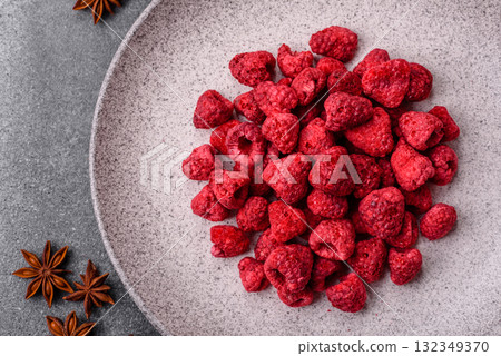 Dried sublimated slices of raspberry as an ingredient for sweet desserts. Dried raspberry Dried sublimated slices of raspberry as an ingredient for sweet desserts. Dried raspberry 132349370