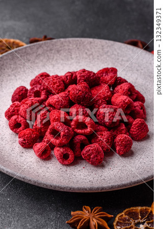 Dried sublimated slices of raspberry as an ingredient for sweet desserts. Dried raspberry Dried sublimated slices of raspberry as an ingredient for sweet desserts. Dried raspberry 132349371