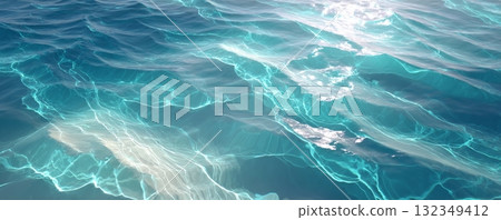 Ocean water surface, style, sunlight reflections, clear turquoise waves. 132349412