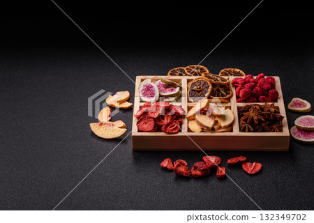 Box of dried fruits strawberries, raspberries, figs and peaches. Dried fruits Box of dried fruits strawberries, raspberries, figs and peaches. Dried fruits 132349702