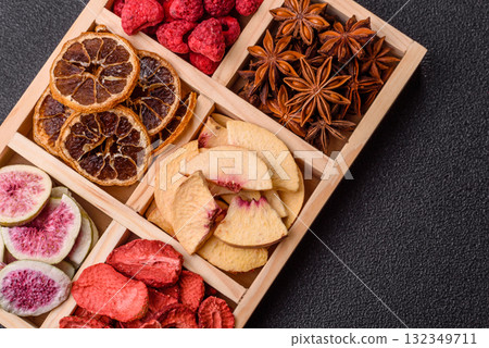Box of dried fruits strawberries, raspberries, figs and peaches. Dried fruits Box of dried fruits strawberries, raspberries, figs and peaches. Dried fruits 132349711
