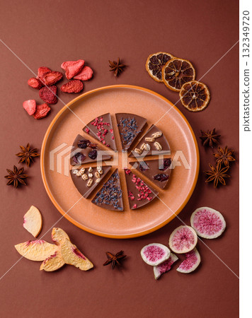 Craft home made chocolate with berries and fruits, delicious sweets. Craft chocolate 132349720