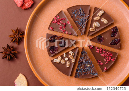 Craft home made chocolate with berries and fruits, delicious sweets. Craft chocolate 132349723