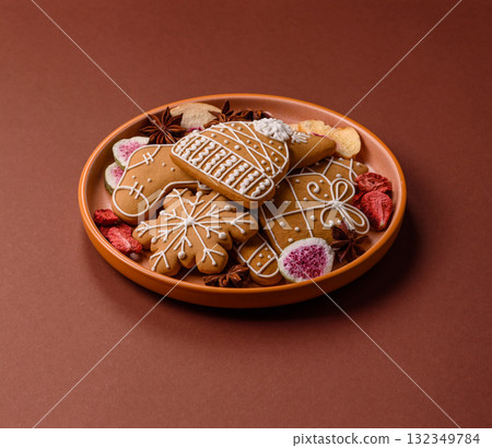 Christmas gingerbread, food for winter holidays, holiday table decoration. Christmas gingerbread 132349784