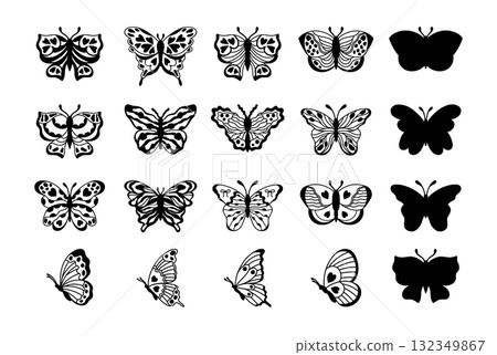 Set of decorative butterflies in doodle style on white background. 132349867
