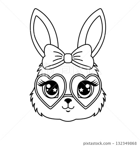 Cute contour bunny face with heart sunglasses, big eyes, and bow 132349868