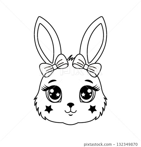A cute bunny's face with a bows and big eyes in line art style A cute bunny's face with a bows and big eyes in line art style 132349870