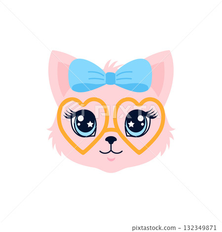 Cute pink kitten face illustration with blue bow and yellow eyeglasses  Cute pink kitten face illustration with blue bow and yellow eyeglasses  132349871