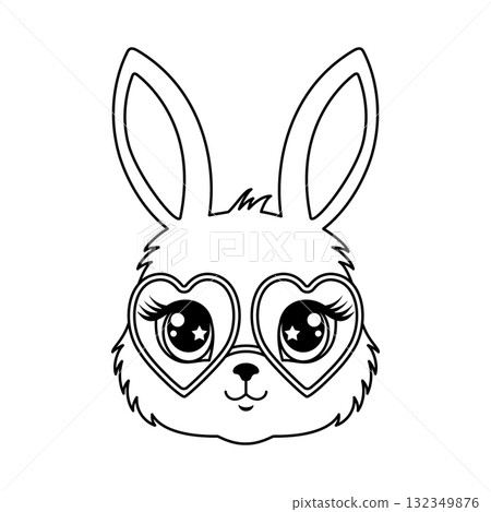 A cute bunny's head with big eyes and heart-shaped glasses in line art style A cute bunny's head with big eyes and heart-shaped glasses in line art style 132349876
