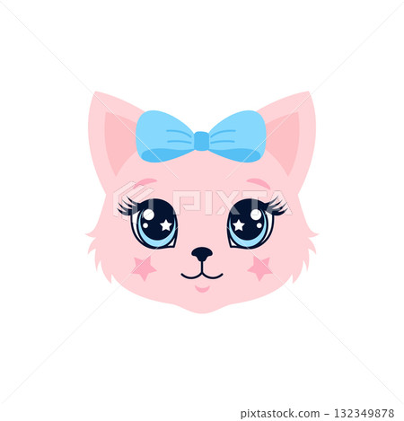 Cute pink kitten face illustration with blue bow 132349878