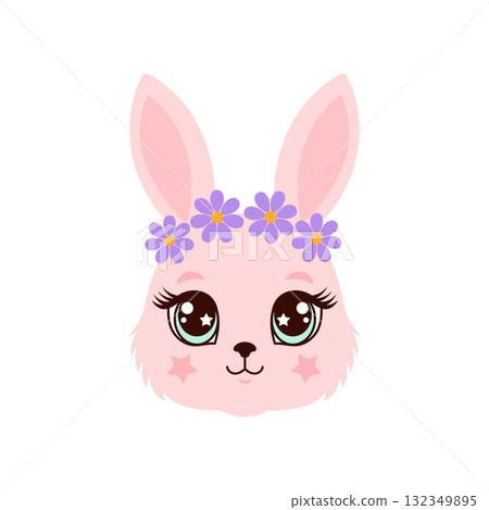 Cute pink bunny face illustration with a purple flowers  132349895