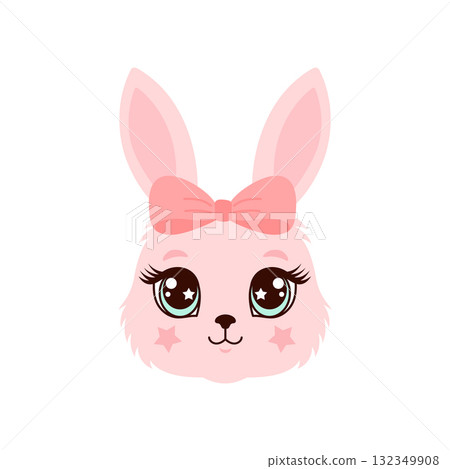 Cute pink bunny face illustration with red bow. 132349908
