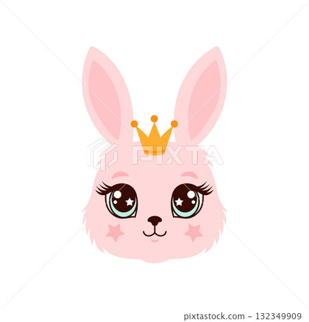 Cute pink bunny princess face illustration with a crown, big eyes, and starry cheeks. 132349909