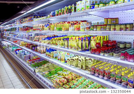 Dairy products. Wide choice of milky goods. Dairy department in supermarket 132350044