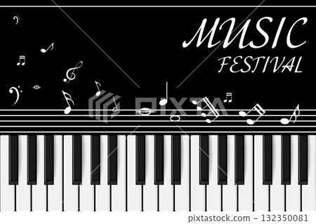 Music festival poster with piano keys and notes. Vibrant design for concert promotion and artistic events. 132350081