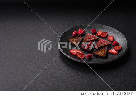 Craft home made chocolate with berries and fruits, delicious sweets. Craft chocolate 132350127