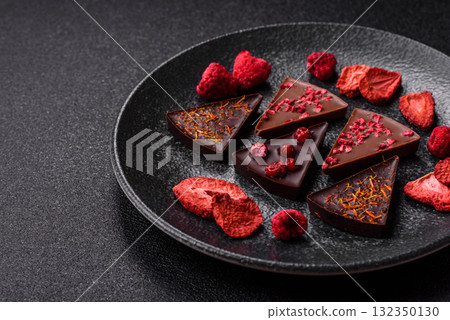 Craft home made chocolate with berries and fruits, delicious sweets. Craft chocolate 132350130