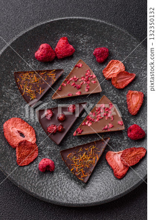 Craft home made chocolate with berries and fruits, delicious sweets. Craft chocolate 132350132