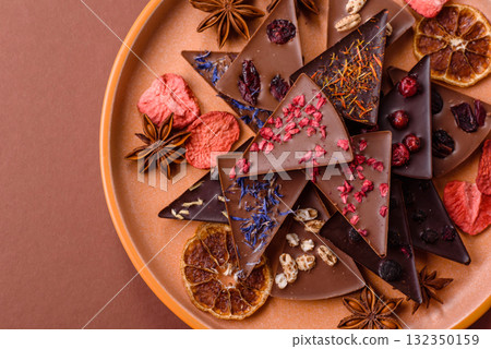 Craft home made chocolate with berries and fruits, delicious sweets. Craft chocolate 132350159