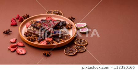 Craft home made chocolate with berries and fruits, delicious sweets. Craft chocolate Craft home made chocolate with berries and fruits, delicious sweets. Craft chocolate 132350166
