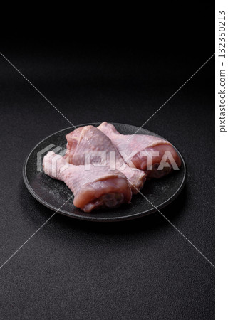Raw chicken or turkey legs as a food background for cooking on a barbecue or grill. Chicken raw legs 132350213