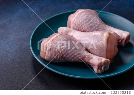 Raw chicken or turkey legs as a food background for cooking on a barbecue or grill. Chicken raw legs 132350218