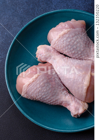 Raw chicken or turkey legs as a food background for cooking on a barbecue or grill. Chicken raw legs 132350220