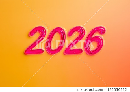 Glossy pink 3D number 2026 on orange background. Digital typography design element. New Year and celebration concept for banner, poster, greeting card, and invitation 132350312