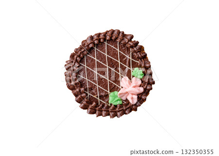 Sweet tart, pie with chocolate and cream with fruit filling on a plate. Chocolate tart Sweet tart, pie with chocolate and cream with fruit filling on a plate. Chocolate tart 132350355