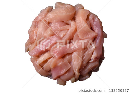 Raw chicken meat cut into strips, fresh fillet or breast slices. Chicken raw meat in pieces 132350357