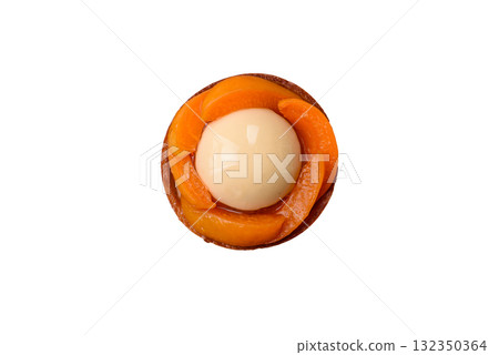 Pie, sweet round tart with apricot pieces, cream and nuts. Sweet tart with peach Pie, sweet round tart with apricot pieces, cream and nuts. Sweet tart with peach 132350364