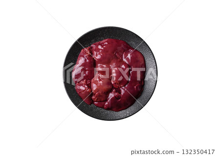 Raw fresh chicken or turkey liver, internal offal of poultry. Raw chicken liver 132350417