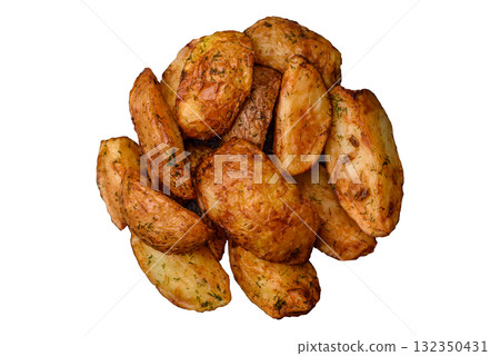 Potato wedges baked with spices, garlic and rosemary. Potato wedges Potato wedges baked with spices, garlic and rosemary. Potato wedges 132350431