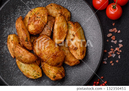 Potato wedges baked with spices, garlic and rosemary. Potato wedges Potato wedges baked with spices, garlic and rosemary. Potato wedges 132350451