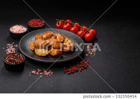 Potato wedges baked with spices, garlic and rosemary. Potato wedges 132350454