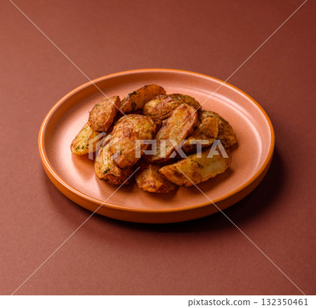 Potato wedges baked with spices, garlic and rosemary. Potato wedges 132350461
