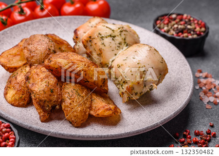 Potato wedges baked with spices, garlic and rosemary. Potato wedges Potato wedges baked with spices, garlic and rosemary. Potato wedges 132350482