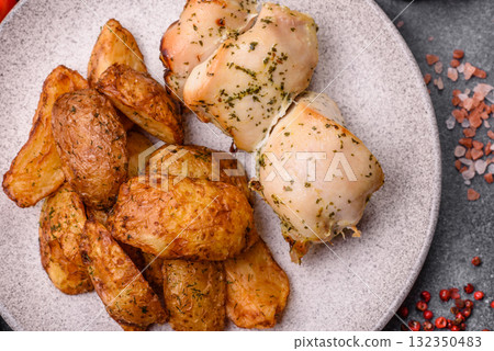 Potato wedges baked with spices, garlic and rosemary. Potato wedges 132350483