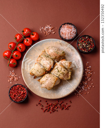 Chicken shish pieces fried on a skewer with salt and spices. Chicken shashlik 132350492
