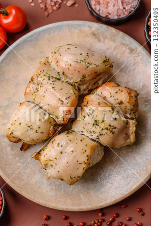 Chicken shish pieces fried on a skewer with salt and spices. Chicken shashlik Chicken shish pieces fried on a skewer with salt and spices. Chicken shashlik 132350495