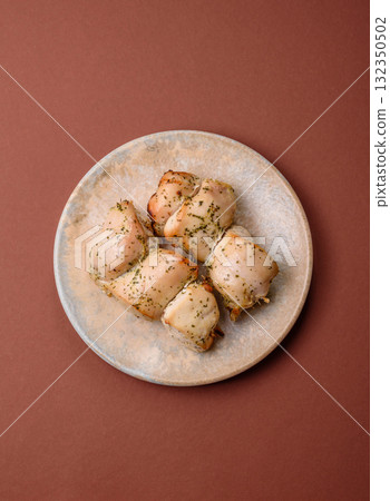 Chicken shish pieces fried on a skewer with salt and spices. Chicken shashlik Chicken shish pieces fried on a skewer with salt and spices. Chicken shashlik 132350502