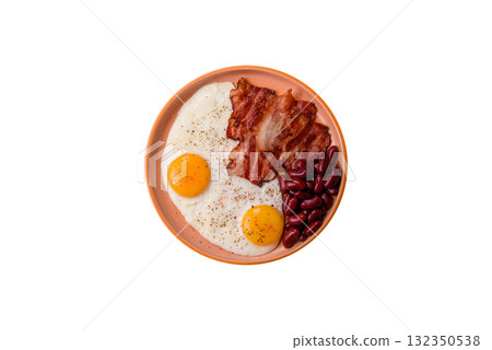 Fried egg, bacon and beans, a classic British breakfast with tomatoes. Egg, bacon and beans 132350538