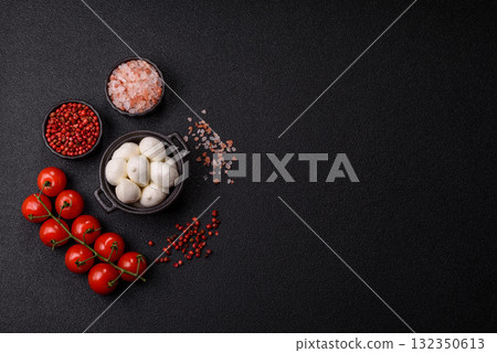 Mozzarella cheese balls, fresh white mini slices for Mediterranean food. Mozzarella cheese 132350613