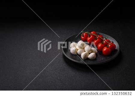 Mozzarella cheese balls, fresh white mini slices for Mediterranean food. Mozzarella cheese 132350632
