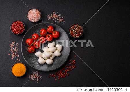 Mozzarella cheese balls, fresh white mini slices for Mediterranean food. Mozzarella cheese 132350644