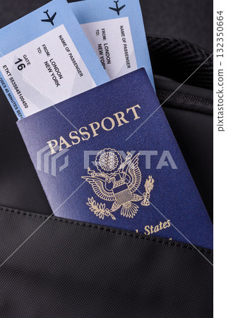 US passport, american visa for travel, document with tickets in travel bag. US passport 132350664