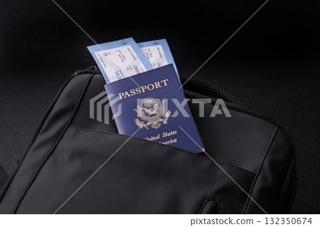 US passport, american visa for travel, document with tickets in travel bag. US passport 132350674